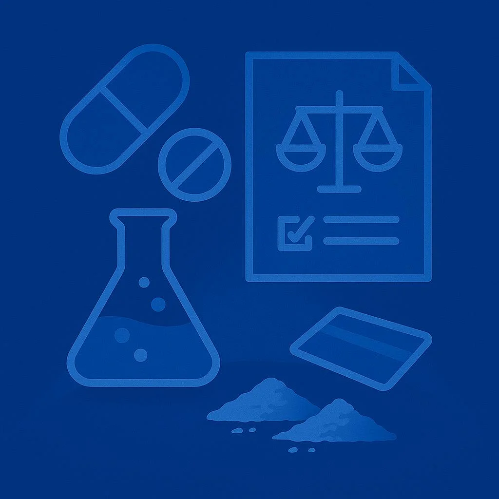 Santa Ana drug crimes defense attorney evaluating narcotics evidence including prescription pills, chemical substances, and legal documentation