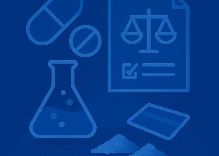 Santa Ana drug crimes defense attorney evaluating narcotics evidence including prescription pills, chemical substances, and legal documentation