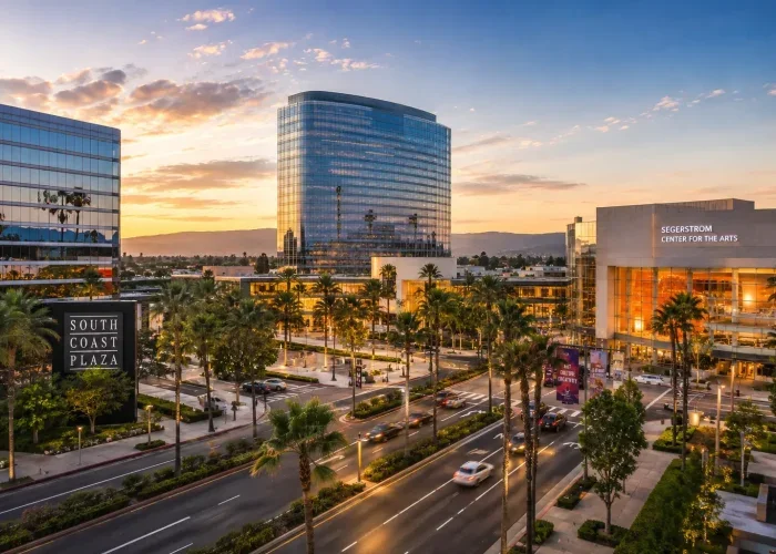 Modern Costa Mesa California business district and cultural center representing criminal defense services in Costa Mesa and Orange County