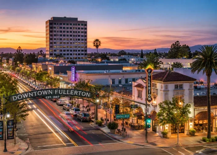 Downtown Fullerton California cityscape representing criminal defense services throughout Fullerton and Orange County