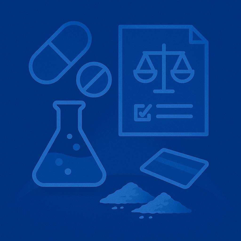 Santa Ana drug crimes defense attorney evaluating narcotics evidence including prescription pills, chemical substances, and legal documentation